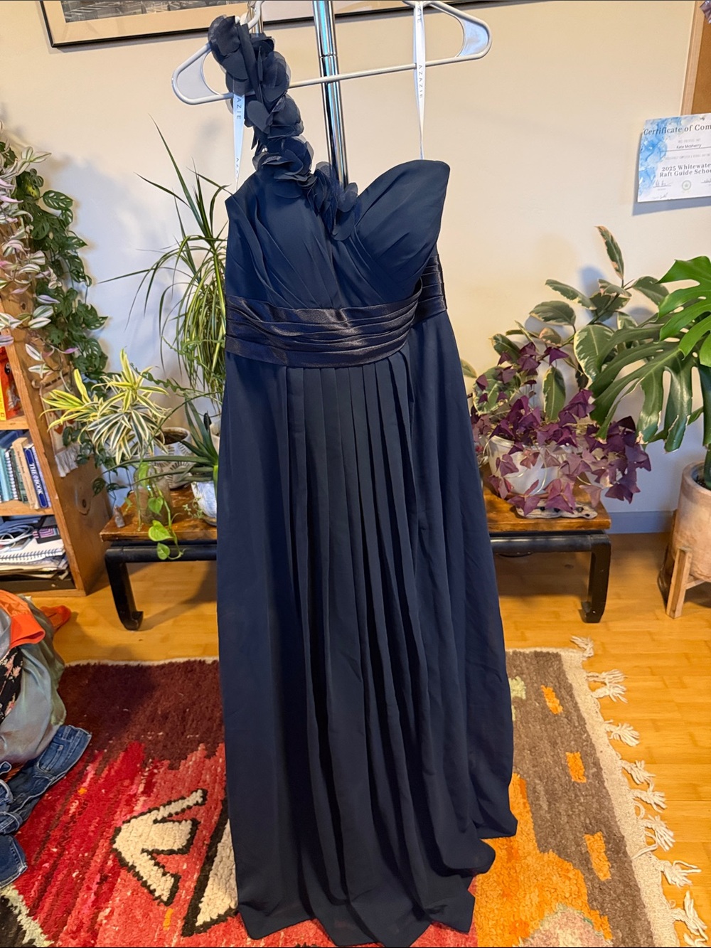 Azazie Navy One-Shoulder Chiffon Gown with Floral Strap